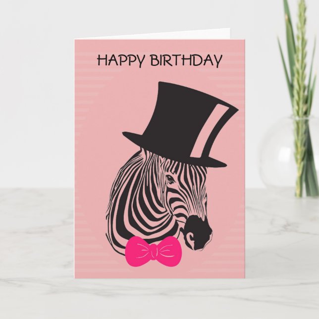 Carte Hipster Birthday Zebra avec chapeau haut (Devant)