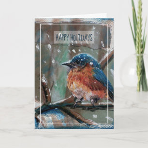 Carte Hiver Bleu OrientalPeinture Oiseau Joyeux Vacances