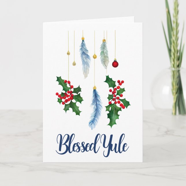 Carte Hiver Boho Blue Feathers & Holly Yule Solstice (Devant)