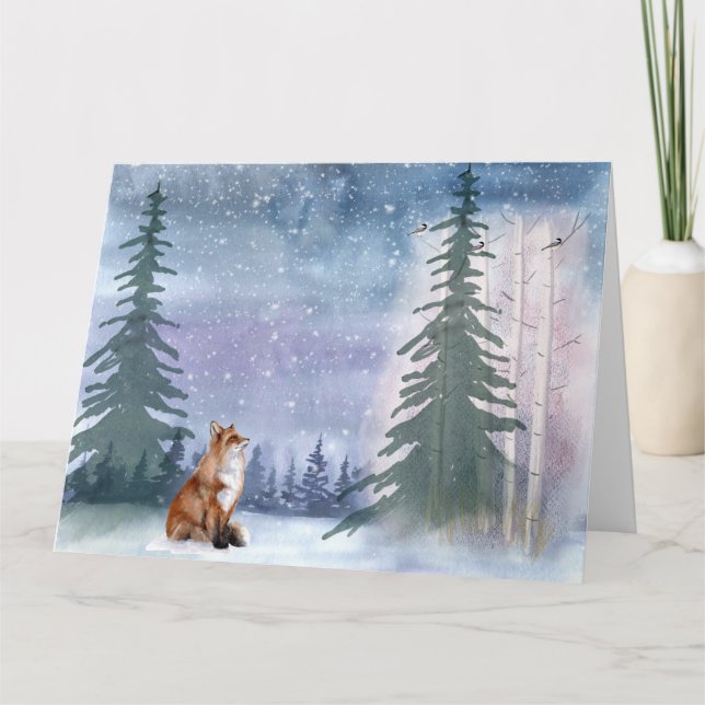 Carte Hiver Bois Snowy Fox & Bird (Devant)