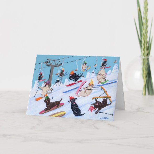 Carte Hiver Fun Ski Labradors Peinture (Devant)