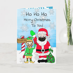 Carte Ho Ho Ho Joyeux Noël Père Noël et Elf en Facemask
