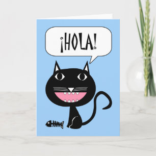 Carte Hola, Hello Card en espagnol, Chat noir avec poiss