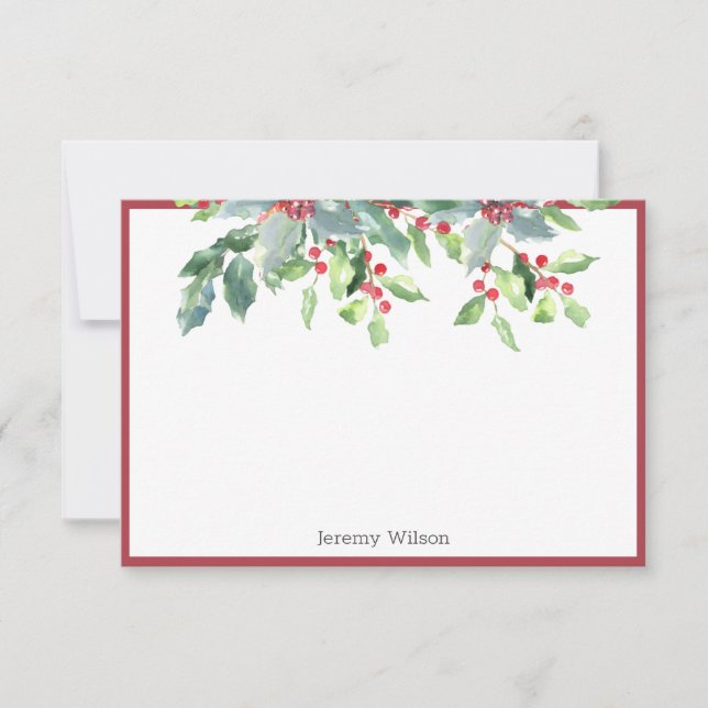 Carte Holiday Green Holly Plante Rouge Note personnalisé (Devant)