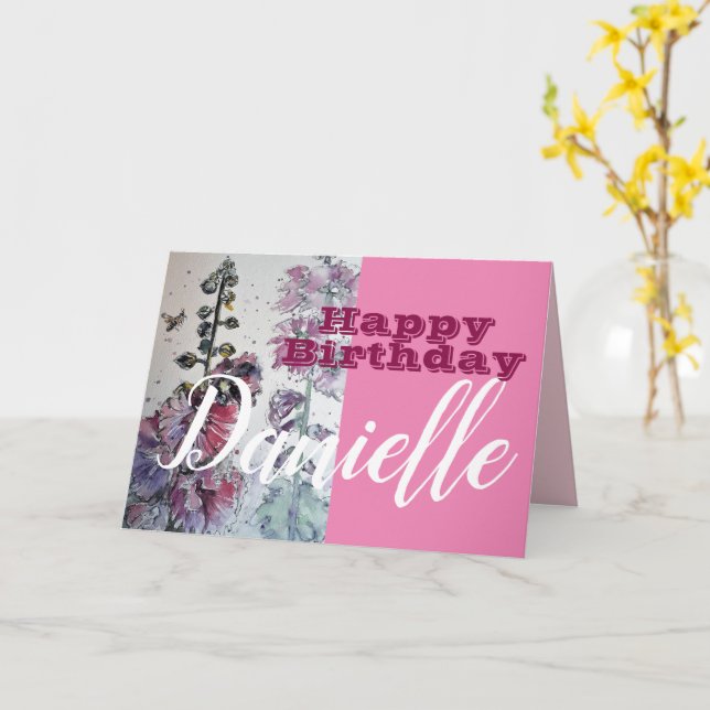 Carte Hollyhock Flower Happy Birthday Womans Name Card (Fleur jaune)