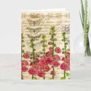 Carte Hollyhock Flowers Papillons Collage d'art Vintage