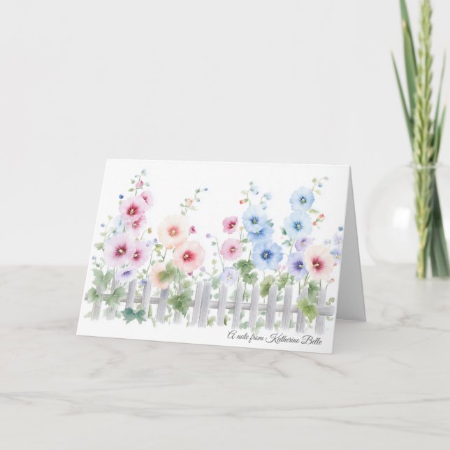 Carte Hollyhocks & Clôture en Bois Rustique Aquarelle  (Devant)