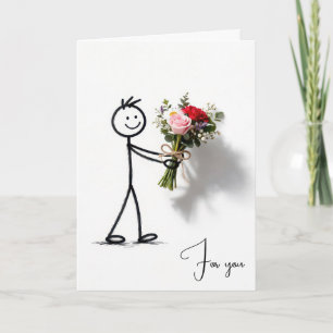 Carte Homme bâton avec bouquet de fleurs