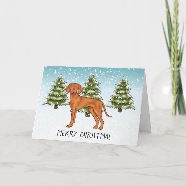 Carte Hongrois Vizsla Chien Motoneige Forêt D'Hiver Et T (Devant)