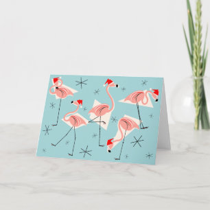 Carte horizontale Flamant rose Santas bleu