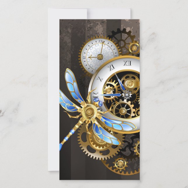 Carte Horloge à vapeur avec libellule mécanique (Devant)
