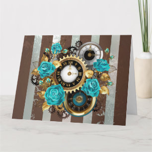 Carte Horloge à vapeur et Roses turquoise sur rayures
