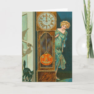 Carte Horloge de grand-père Chat noir Sorcière Citrouill