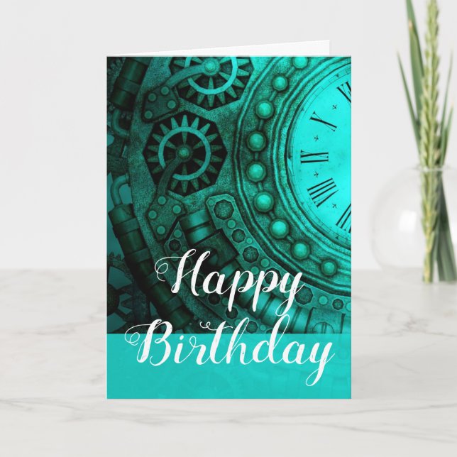 Carte Horloge et engrenages Steampunk Anniversaire (Devant)