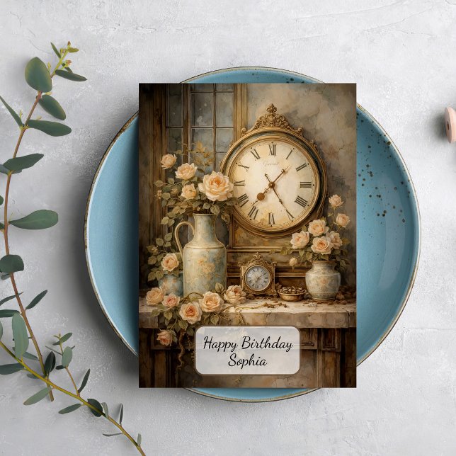 Carte Horloge Vintage et Roses (Créateur téléchargé)