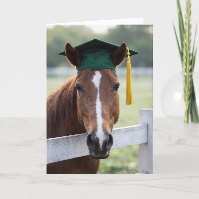 Carte Horse Wearing a Green Graduation Cap (Devant)