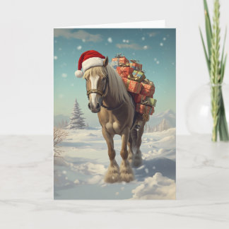 Carte Horse with Christmas presents in the snow