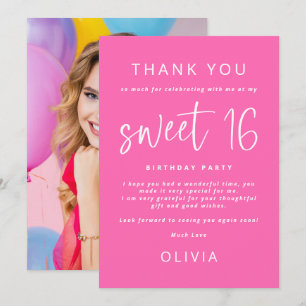 Carte Hot rose Photo Sweet 16 Anniversaire Merci de fête
