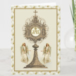 Carte Hôte eucharistique catholique avec Angels Lys blan<br><div class="desc">Avec l'Eucharistie et deux anges vintages de chaque côté,  l'image religieuse catholique traditionnelle de la Monstrance avec l'Eucharistie a été conçue selon la coutume. Une belle bordure de lys blanc accentue le cadre.</div>