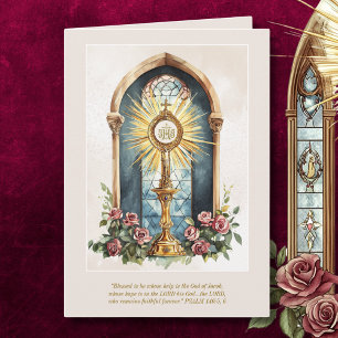 Carte Hôte eucharistique catholique Monstrance d'or Rose