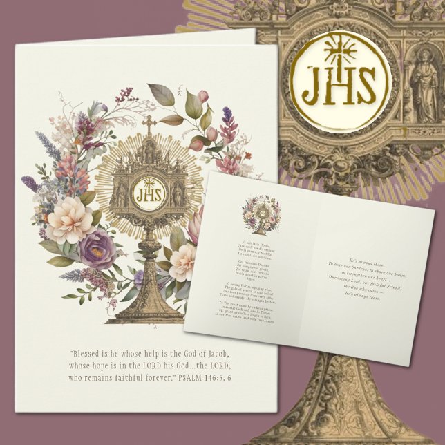 Carte Hôte eucharistique catholique Prière des Écritures (Traditional Catholic Monstrance with O Salutaris Hymn and Scripture Verse )