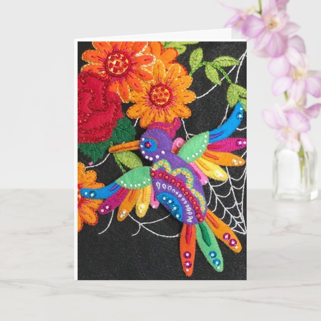 Carte Hummiingbird Felt Sequin Beads Stitched Pretty  (Orchidée)