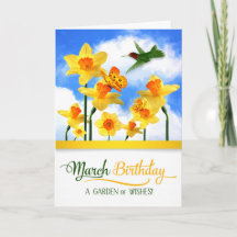 Hummingbird and Daffodils March Birthday Card