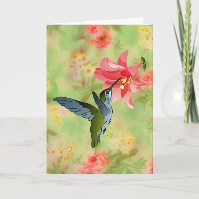 Carte Hummingbird and Pink Lily on Floral (Devant)