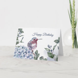 Carte Hummingbird Blue Hydrangea Aquarelle Anniversaire