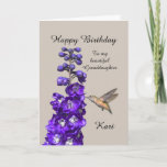 Carte Hummingbird Happy Birthday Granddaughter, Kari<br><div class="desc">"Hummingbird Happy Birthday Granddaughter" by Catherine Sherman.
A hummingbird sipping nectar from a purple delphinium creates a beautiful greeting for a birthday. You can personalize this card with any name and occasion.</div>