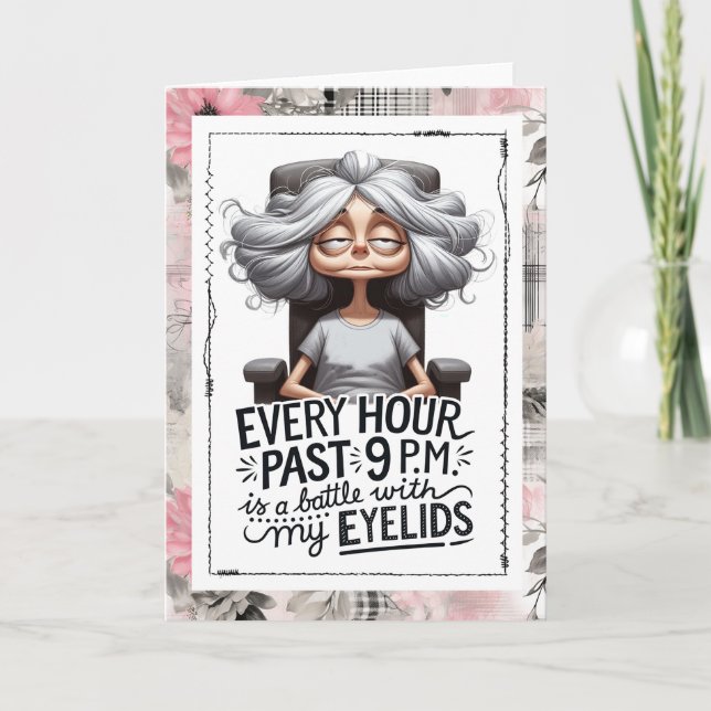 Carte Humour de vieille dame grincheuse après une longue (Devant)