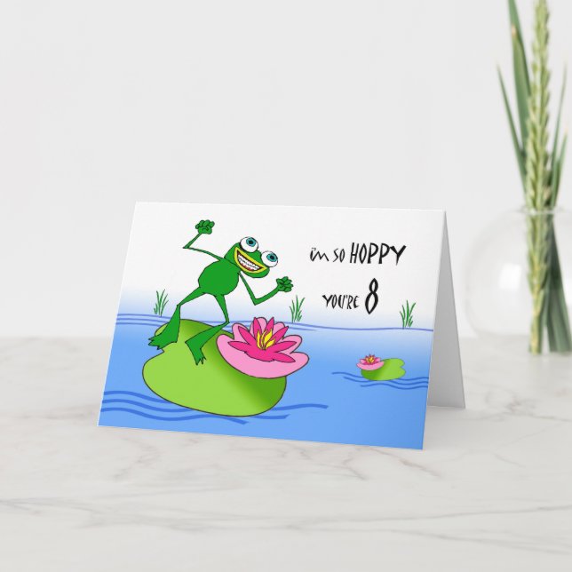 Carte Huppée 8e anniversaire, Grenouille drôle à l'étang (Devant)
