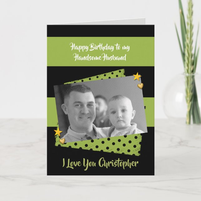 Carte Husband green & black Birthday photo greeting (Devant)