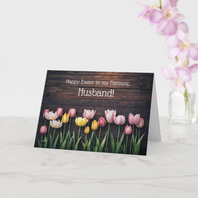 Carte Husband Happy Easter with Tulips and Rustic Wood  (Orchidée)