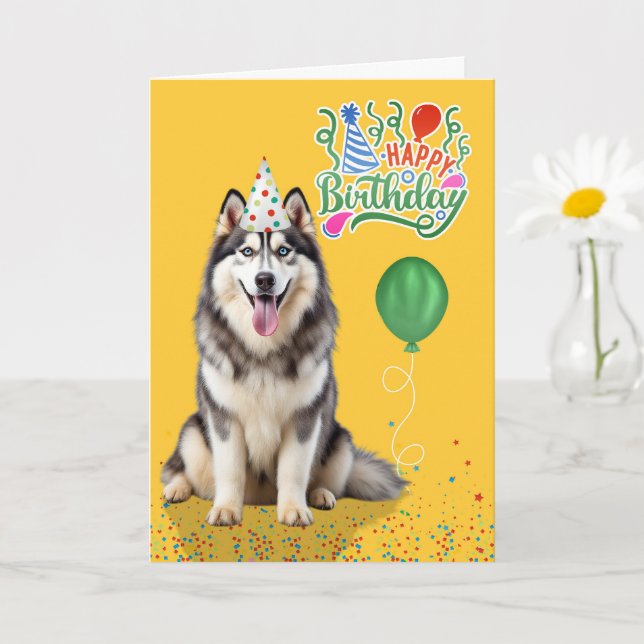 Carte Husky Dog in a Party Hat on Yellow Birthday (Petite plante)