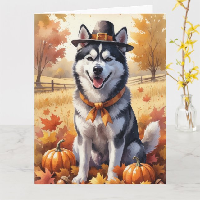 Carte Husky Sibérien À L'Automne Laisse L'Art Thanksgivi (Fleur jaune)