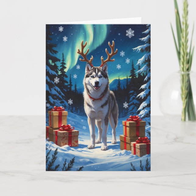 Carte Husky sibérien avec des cadeaux Peinture à l'huile (Devant)