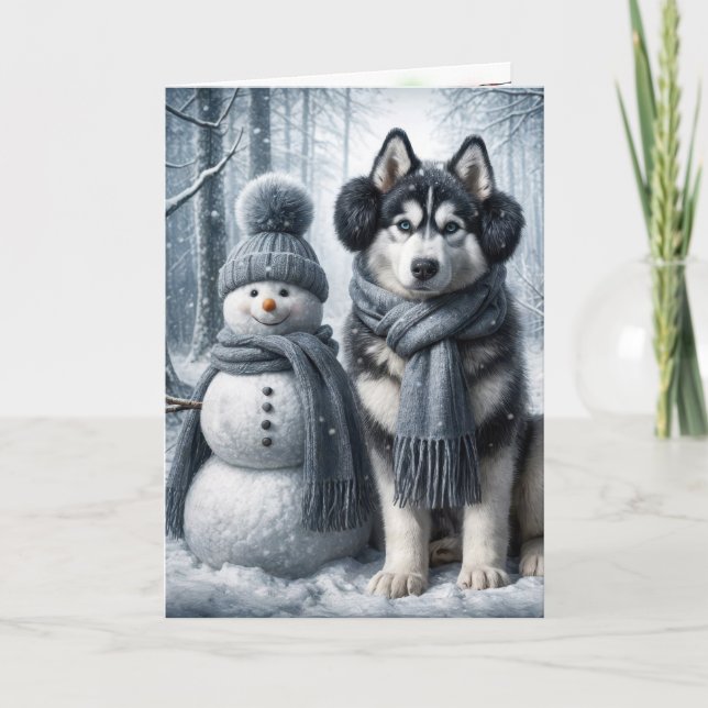 Carte Husky Sibérien avec un bonhomme de neige (Devant)