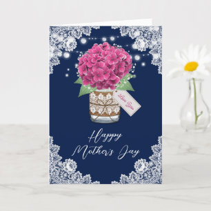 Carte Hydrangea rose Rustique dentelle Bleu Fête des Mèr