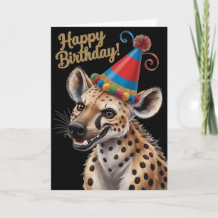 Carte hyène tachetée portant un chapeau d'anniversaire