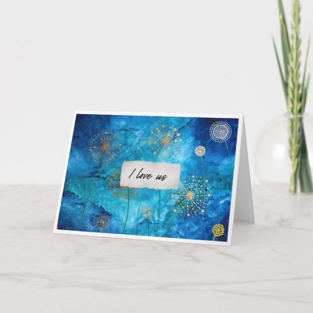 Carte I Love Us Blue Watercolour Gold Floral Card (Devant)