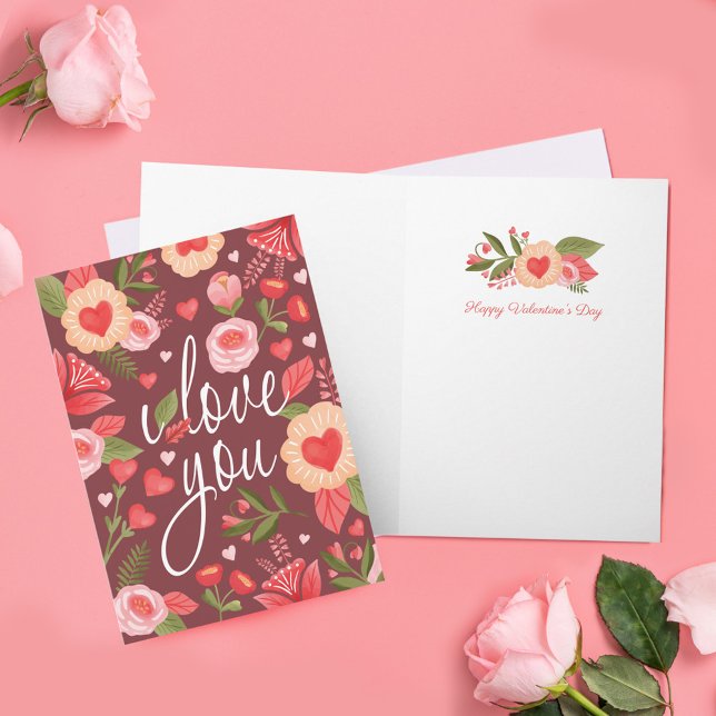 Carte I Love You Heureuse Sainte-Valentin Floral Aquarel (I Love You Happy Valentine's Day Floral Watercolor Card)