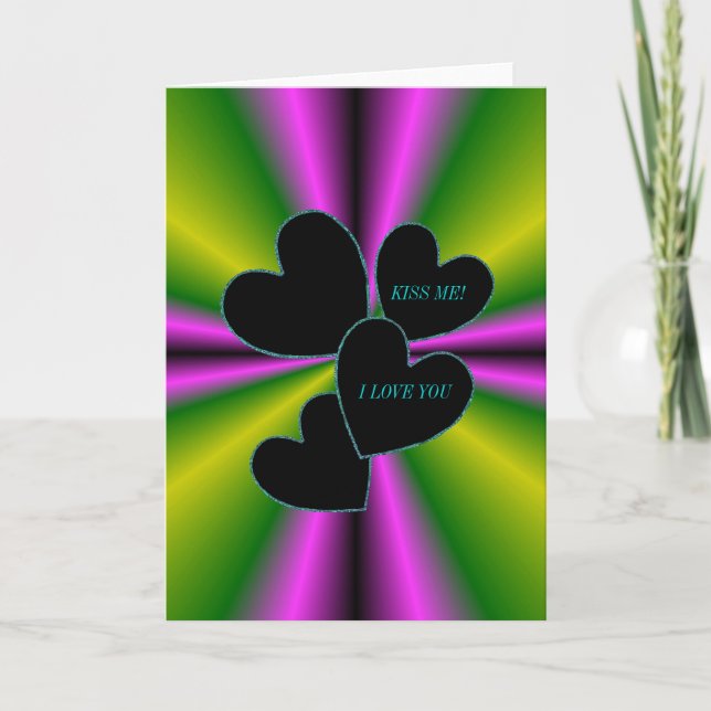 Carte I LOVE YOU -Kiss me - Black Heart sur violet vert (Devant)