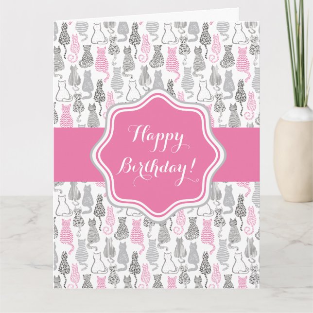 Carte Idées cadeaux de chat Whimiscal rose et gris (Devant)
