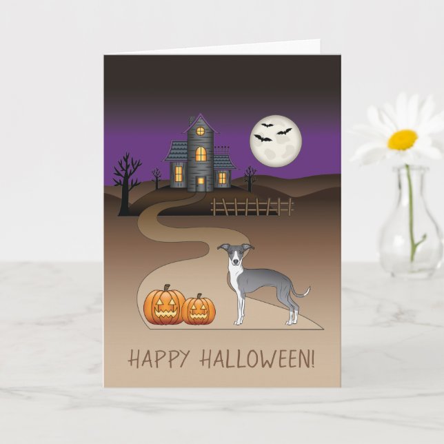 Carte Iggy bleu et blanc et maison hantée Halloween (Petite plante)