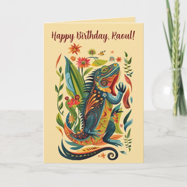 Carte Iguane d'Art Populaire Éditable pour Anniversaire (Devant)