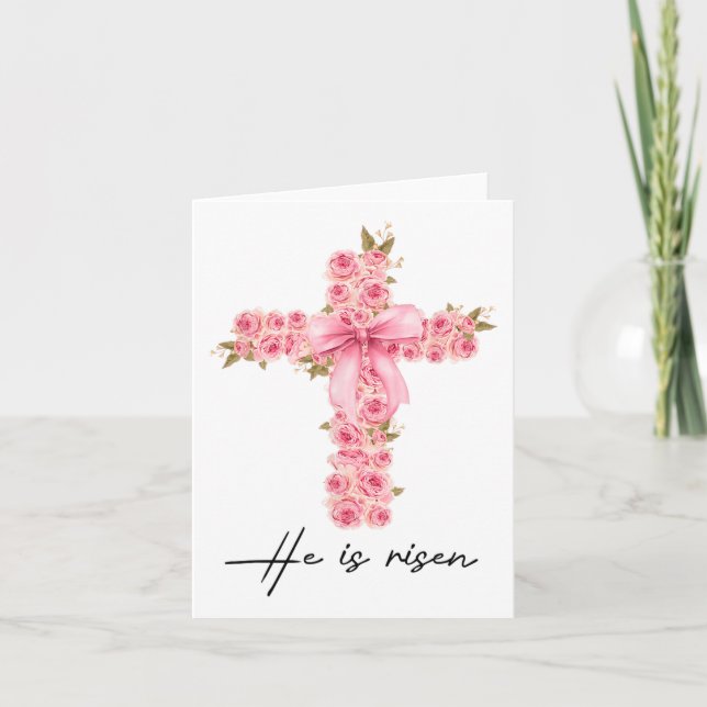 Carte Il Est Ressuscité Coquette Bow Floral Cross Faith  (Devant)