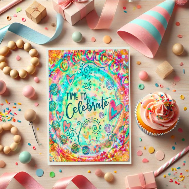 Carte Il est temps de célébrer les Coeurs Whimsical colo (Créateur téléchargé)