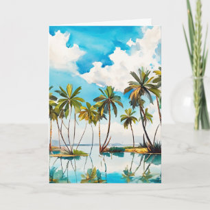 Carte Île Ensoleillée Arbres Palmiers Aquarelle Plage v4