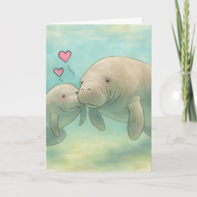 Carte Illustration aquarelle de lamantin mère et bébé –  (Devant)